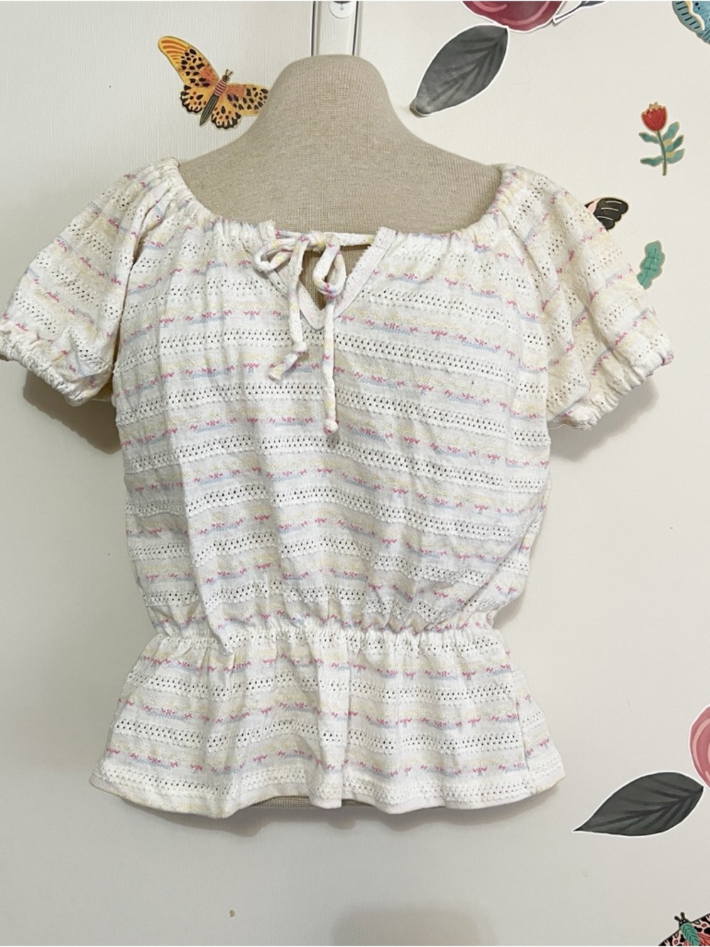 Vintage Cream Knit Peplum Tie-Neck Top Large